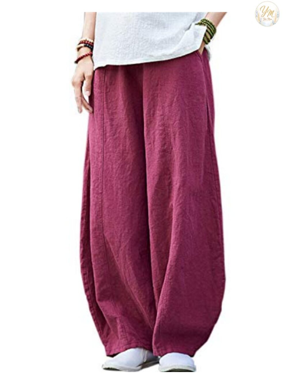 Linen Cotton Wide Leg Pants Elastic Waist Casual Women's Trousers